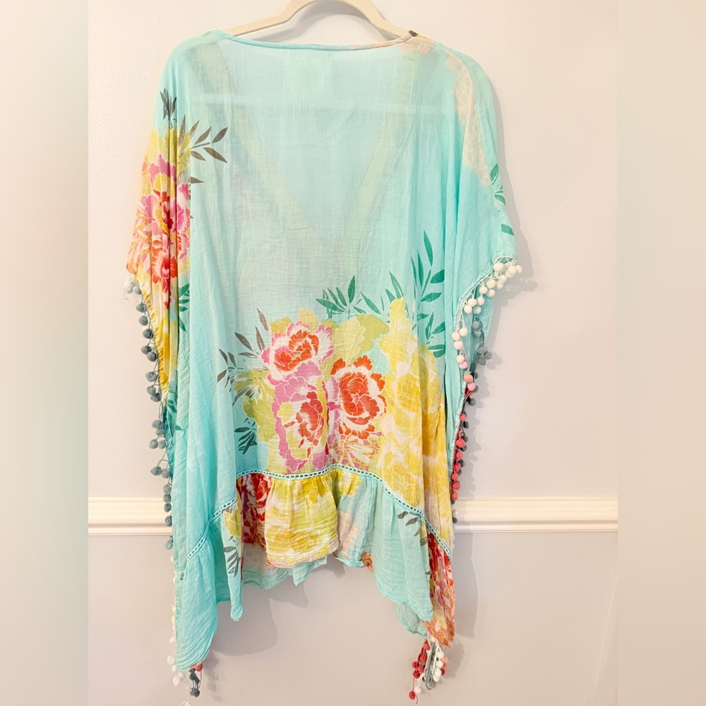 Anthropologie Top Z&L Made with With Love Boho Kaftan Aqua Floral Pom Pom Trim - Picture 5 of 7